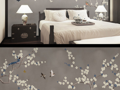 新中式手繪工筆藍色梅花花鳥 打造雅致臥室的藝術背景墻與布藝窗簾搭配